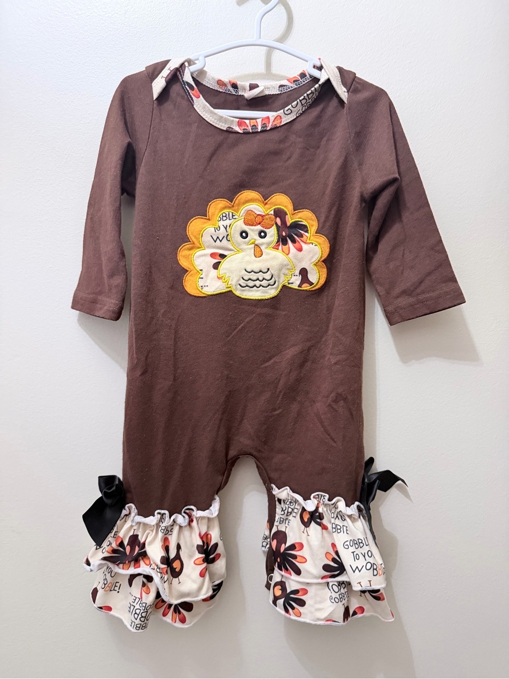 Thanksgiving Fall Autumn Romper Ruffle Legs Bows Girly Frilly Gobble 9-12 months